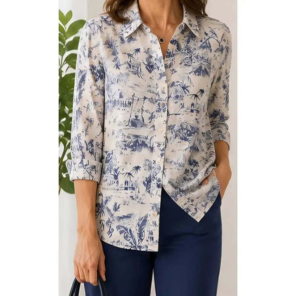 Joie Womens Tropical Print Linen Tunic Button Up Shirt Blue White Size 2X